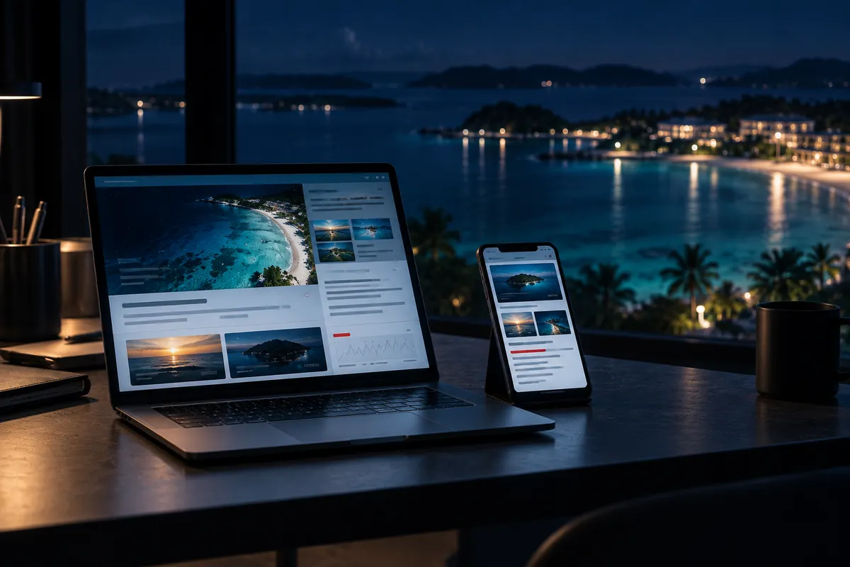 夜の海辺を望むデスクに置かれたノートPCとスマートフォン