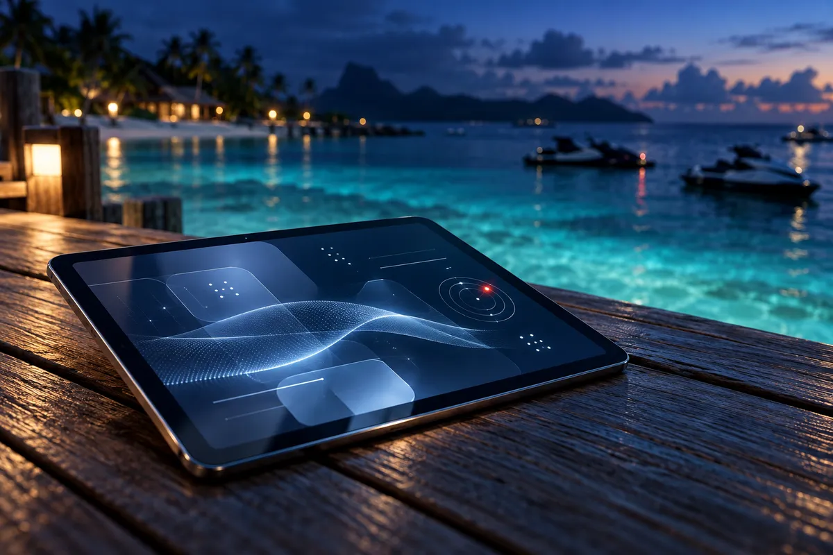 夜の桟橋に置かれたタブレットと、奥に停泊するジェットスキー